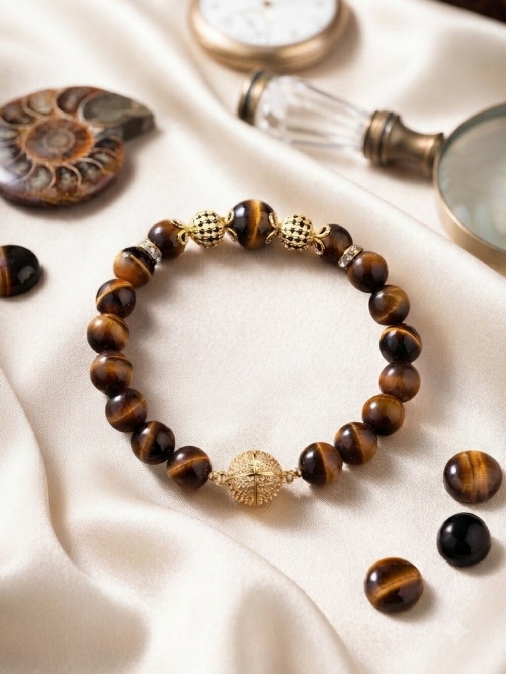Tiger's Eye Bracelet With Cubic Zirconia Accents